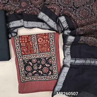 Maroon Pure kantha cotton unstitched salwar material, ajrak yoke patch with sequins work(Lining Needed)black cotton bottom, ajrak block printed pure cotton dupatta (BLOCK PRINT DESIGN MIGHT VARY)TAPINGS NEEDED. MR260507