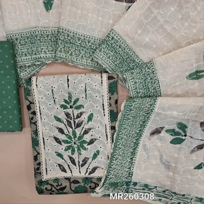 Light grey base printed pure cotton unstitched salwar material, schiffli yoke patch with thread& sequins work(lining optional)printed green cotton bottom, schiffli embroidered and brush painted on pure cotton dupatta. MR260308