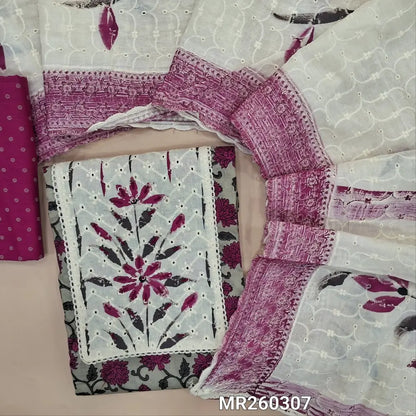 Light grey base printed pure cotton unstitched salwar material, schiffli yoke patch with thread& sequins work(lining optional)printed bright pink cotton bottom, schiffli embroidered and brush painted on pure cotton dupatta. MR260307