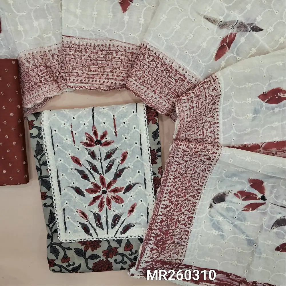 Light grey base printed pure cotton unstitched salwar material, schiffli yoke patch with thread& sequins work(lining optional)printed maroon cotton bottom, schiffli embroidered and brush painted on pure cotton dupatta. MR260310