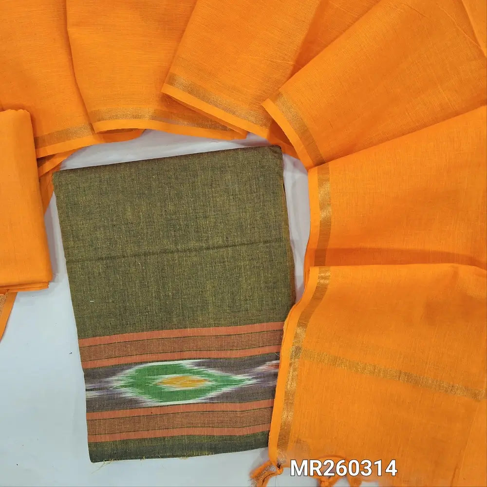 Mossy green handloom cotton unstitched salwar material (lining needed)pochampally border on daman, bright yellow cotton bottom, handloom cotton dupatta with gold tissue borders.MR260314