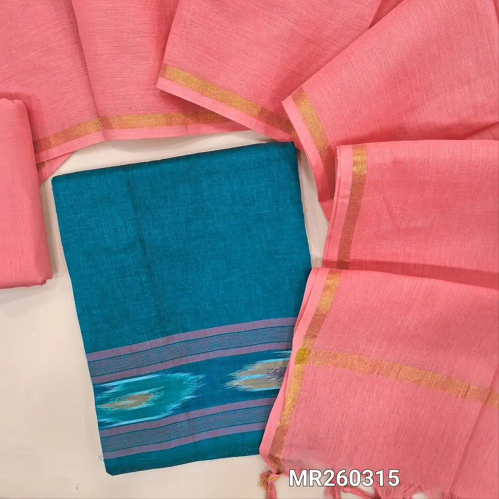 Turquoise blue handloom cotton unstitched salwar material (lining needed)pochampally border on daman, pastel pink cotton bottom, handloom cotton dupatta with gold tissue borders.MR260315