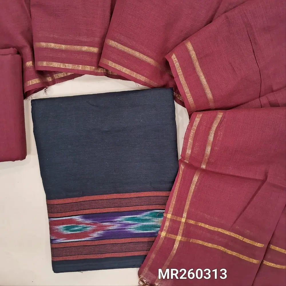 Black handloom cotton unstitched salwar material (lining needed)pochampally border on daman, maroon cotton bottom, handloom cotton dupatta with gold tissue borders.MR260313