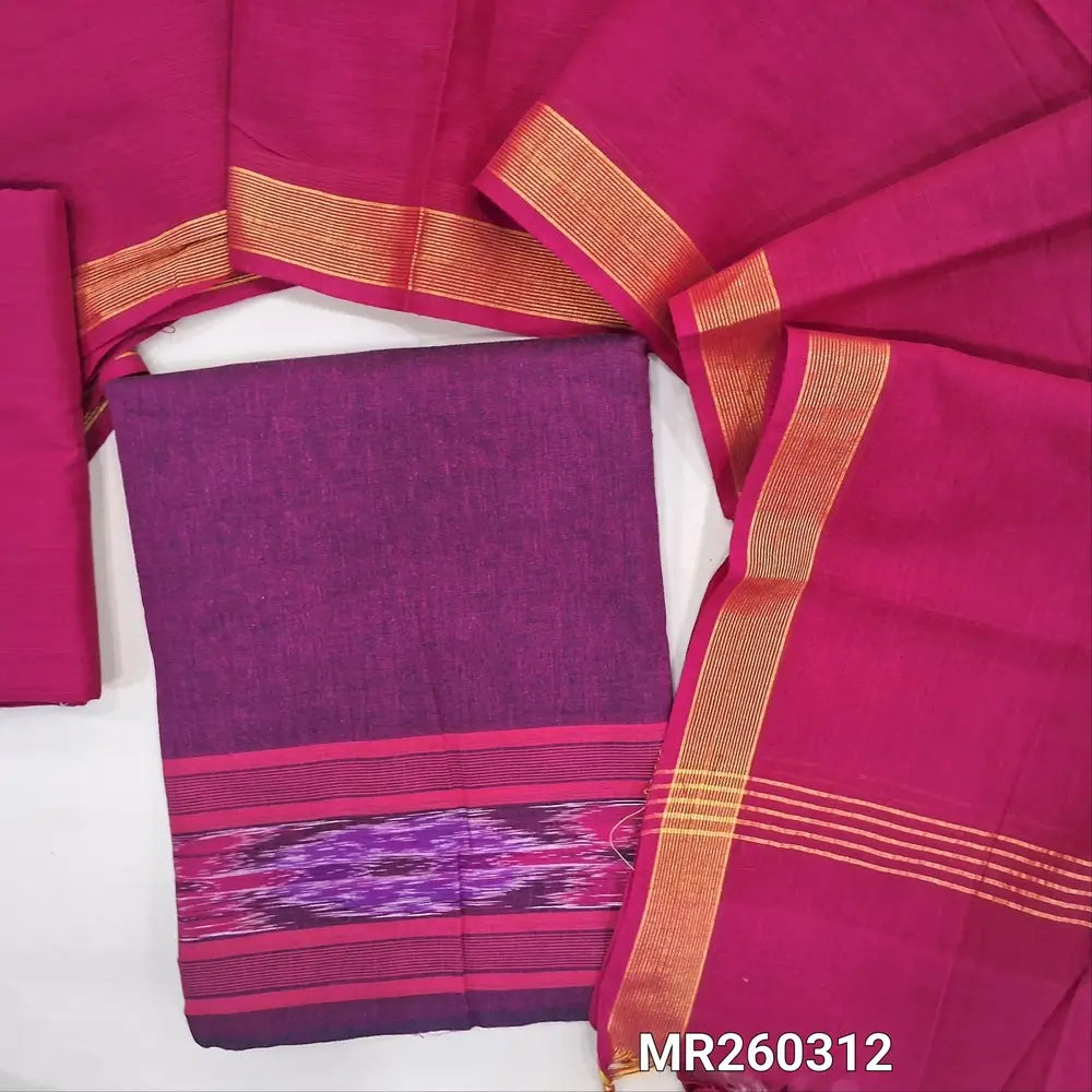 Rani pink handloom cotton unstitched salwar material (lining needed)pochampally border on daman, bright pink cotton bottom, handloom cotton dupatta with gold tissue borders.MR260312