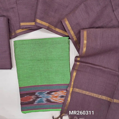 Leafy green handloom cotton unstitched salwar material (lining needed)pochampally border on daman, dark maroon cotton bottom, handloom cotton dupatta with gold tissue borders.MR260311