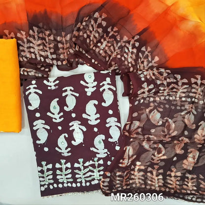 Dark maroon original wax batik dyed pure soft cotton unstitched salwar material( thin,lining needed)faux mirror work all over, bright yellow batik dyed cotton bottom, original wax batik dyed multicolor pure chiffon dupatta. MR260306