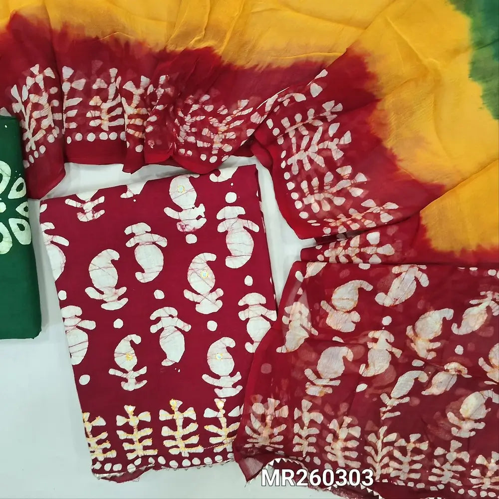 Reddish maroon original wax batik dyed pure soft cotton unstitched salwar material( thin,lining needed)faux mirror work all over, dark green batik dyed cotton bottom, original wax batik dyed multicolor pure chiffon dupatta. MR260303