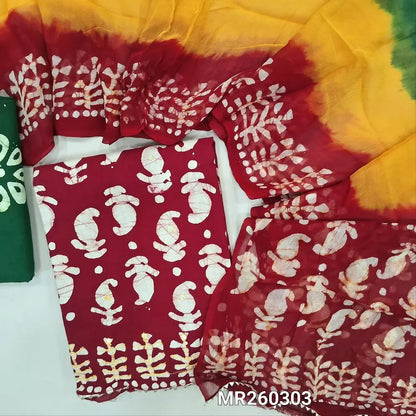 Reddish maroon original wax batik dyed pure soft cotton unstitched salwar material( thin,lining needed)faux mirror work all over, dark green batik dyed cotton bottom, original wax batik dyed multicolor pure chiffon dupatta. MR260303