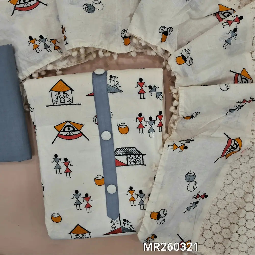 Premium half White pure cotton unstitched salwar material (lining needed) warli embroidery work on front, blueish grey cotton bottom, printed, lace detailing on cotton short width dupatta with pompom tapings. MR260321