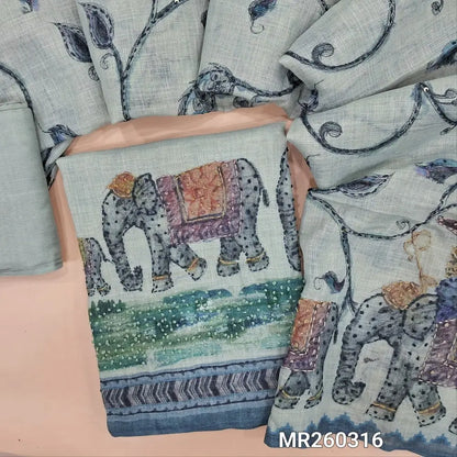 Powder blue tissue linen unstitched salwar material, V neck with thread work,printed daman with french knot work(thin, lining needed) matching santoon bottom, digital printed and hand embroidered tissue linen dupatta. MR260316