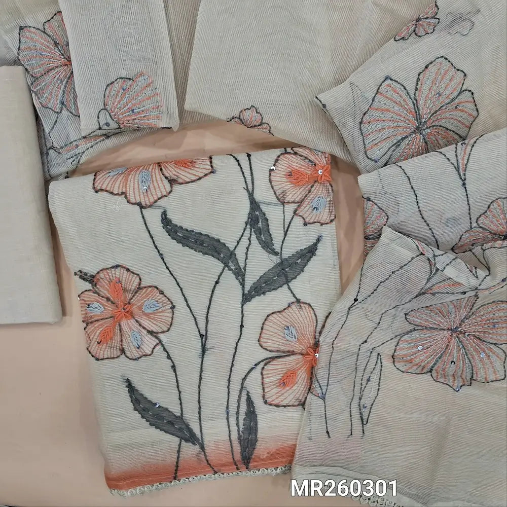 Designer half white base supernet unstitched salwar material,v neck with thread work, floral design with rich hand embriodery work,(Lining Needed) drum dyed cotton fabric for lining NO BOTTOM, hand embriodery work on premium supernet dupatta. MR260301