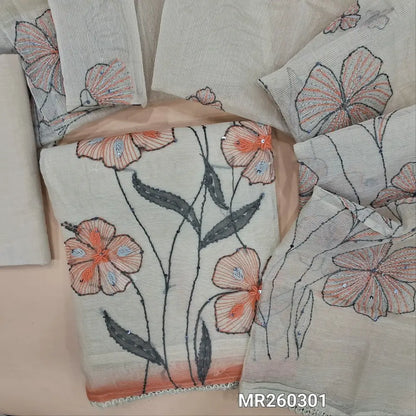 Designer half white base supernet unstitched salwar material,v neck with thread work, floral design with rich hand embriodery work,(Lining Needed) drum dyed cotton fabric for lining NO BOTTOM, hand embriodery work on premium supernet dupatta. MR260301