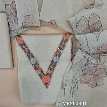 Designer half white base supernet unstitched salwar material,v neck with thread work, floral design with rich hand embriodery work,(Lining Needed) drum dyed cotton fabric for lining NO BOTTOM, hand embriodery work on premium supernet dupatta. MR260301