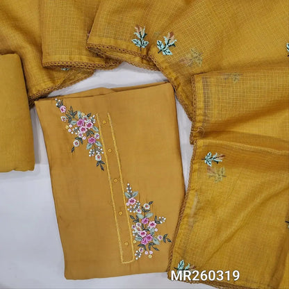 Designer mehandhi yellow silk cotton unstitched salwar material, bead yoke and rich hand embroidery work,  (silky, lining needed) matching santoon bottom, cross stitch embroidery work on full length kota silk cotton dupatta with lace tapping. MR260319