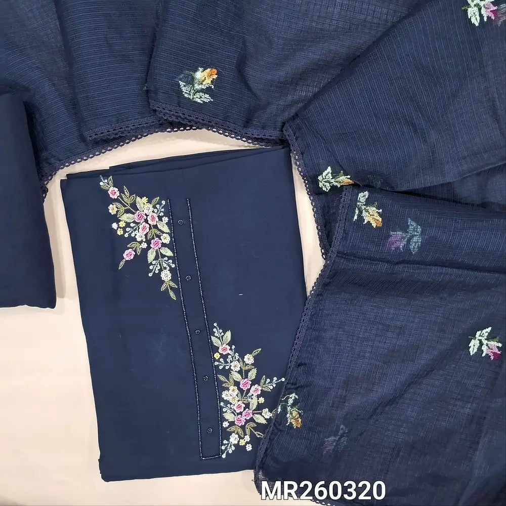 Designer dark blue silk cotton unstitched salwar material, bead yoke and rich hand embroidery work,  (silky, lining needed) matching santoon bottom, cross stitch embroidery work on full length kota silk cotton dupatta with lace tapping. MR260320