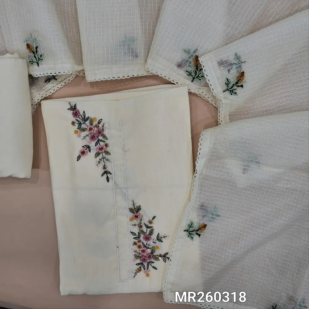 Designer half white silk cotton unstitched salwar material, bead yoke and rich hand embroidery work,  (silky, lining needed) matching santoon bottom, cross stitch embroidery work on full length kota silk cotton dupatta with lace tapping. MR260318