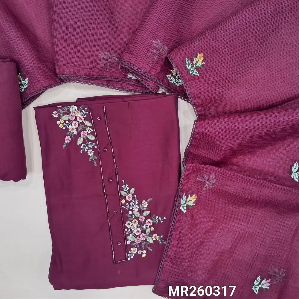 Designer beetroot purple silk cotton unstitched salwar material, bead yoke and rich hand embroidery work,  (silky, lining needed) matching santoon bottom, cross stitch embroidery work on full length kota silk cotton dupatta with lace tapping. MR260317