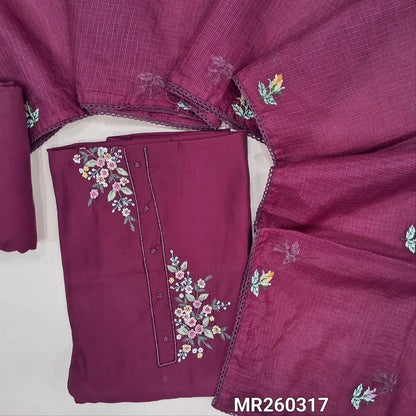 Designer beetroot purple silk cotton unstitched salwar material, bead yoke and rich hand embroidery work,  (silky, lining needed) matching santoon bottom, cross stitch embroidery work on full length kota silk cotton dupatta with lace tapping. MR260317