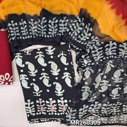 Black original wax batik dyed pure soft cotton unstitched salwar material( thin,lining needed)faux mirror work all over, reddish maroon batik dyed cotton bottom, original wax batik dyed multicolor pure chiffon dupatta. MR260305