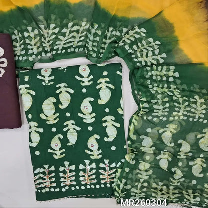 Dark green original wax batik dyed pure soft cotton unstitched salwar material( thin,lining needed)faux mirror work all over, dark maroon batik dyed cotton bottom, original wax batik dyed multicolor pure chiffon dupatta. MR260304
