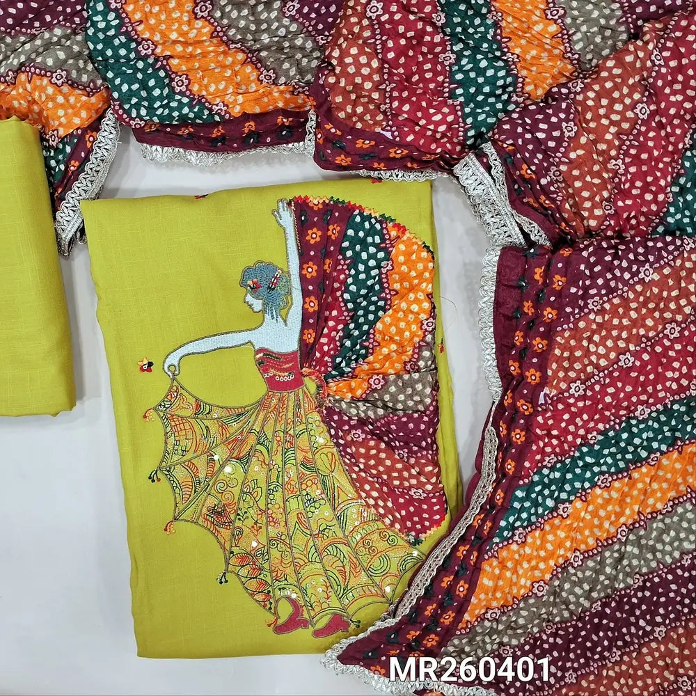 Leafy green liquid fabric unstitched salwar material,thread and sequins work yoke,dancing girl with rich embroidery ,applique work daman,(Lining optional) liquid fabric bottom, multicolored crinkled fancy silk cotton dupatta with lace tapings. MR260401