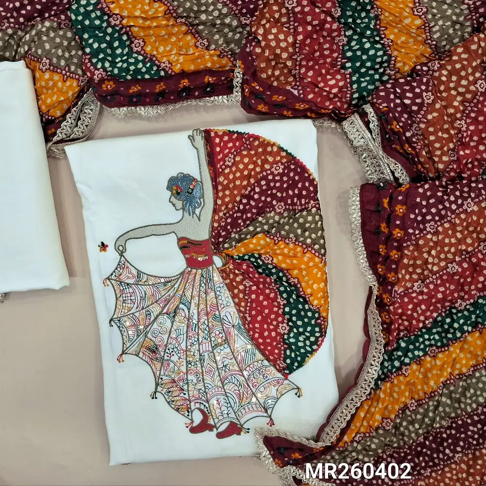 Off white liquid fabric unstitched salwar material,thread and sequins work yoke,dancing girl with rich embroidery ,applique work daman,(Lining optional) liquid fabric bottom, multicolored crinkled fancy silk cotton dupatta with lace tapings. MR260402