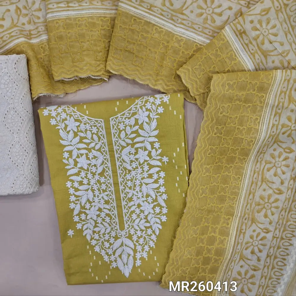 Yellow chikankari embroidered Cotton unstitched salwar material, thread weaving and embroidery on front,(lining optional)schiffli work cotton bottom, embroidered and block printed pure cotton dupatta. MR260413