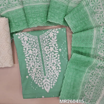 Pastel green chikankari embroidered Cotton unstitched salwar material, thread weaving and embroidery on front,(lining optional)schiffli work cotton bottom, embroidered and block printed pure cotton dupatta. MR260415