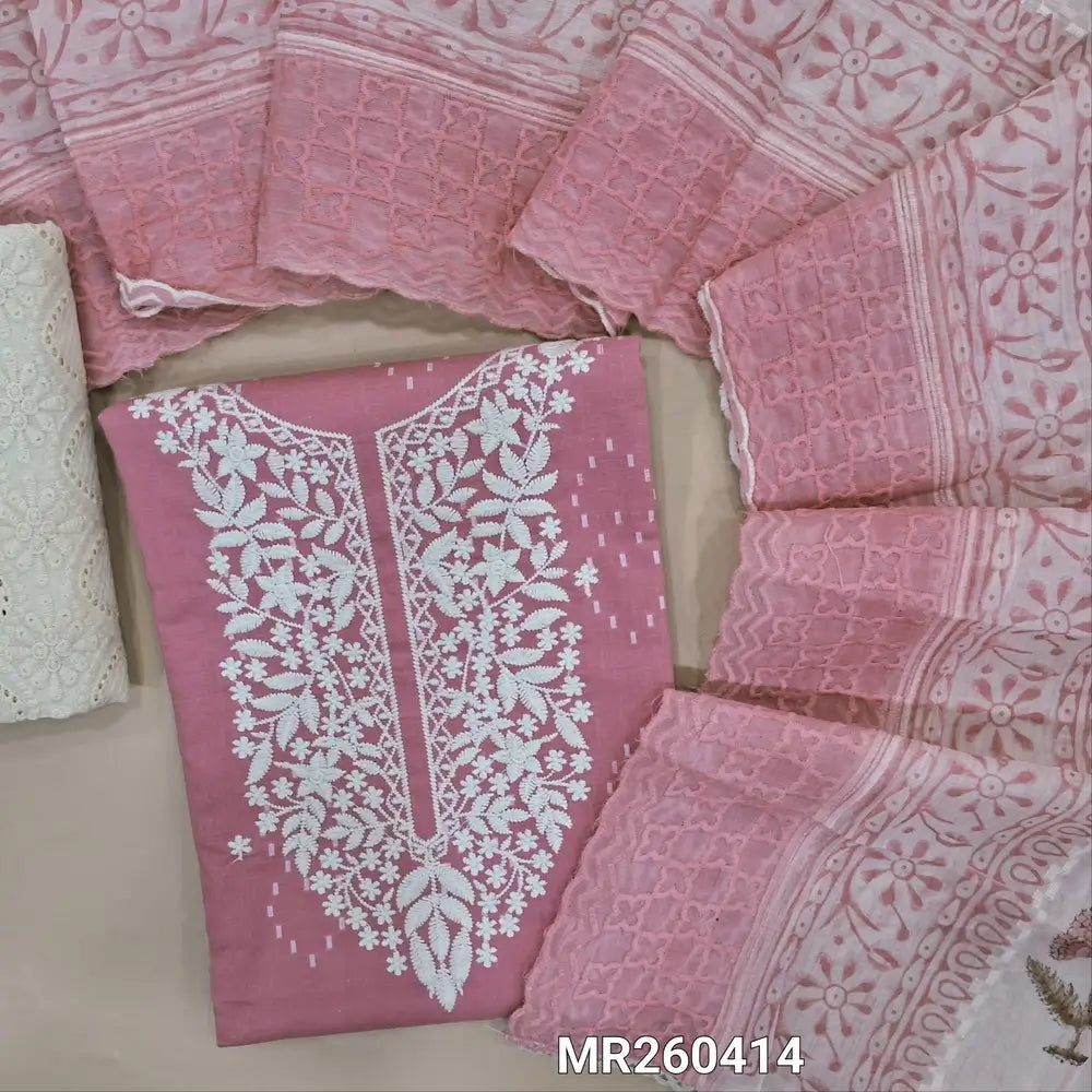 Pastel pink chikankari embroidered Cotton unstitched salwar material, thread weaving and embroidery on front,(lining optional)schiffli work cotton bottom, embroidered and block printed pure cotton dupatta. MR260414