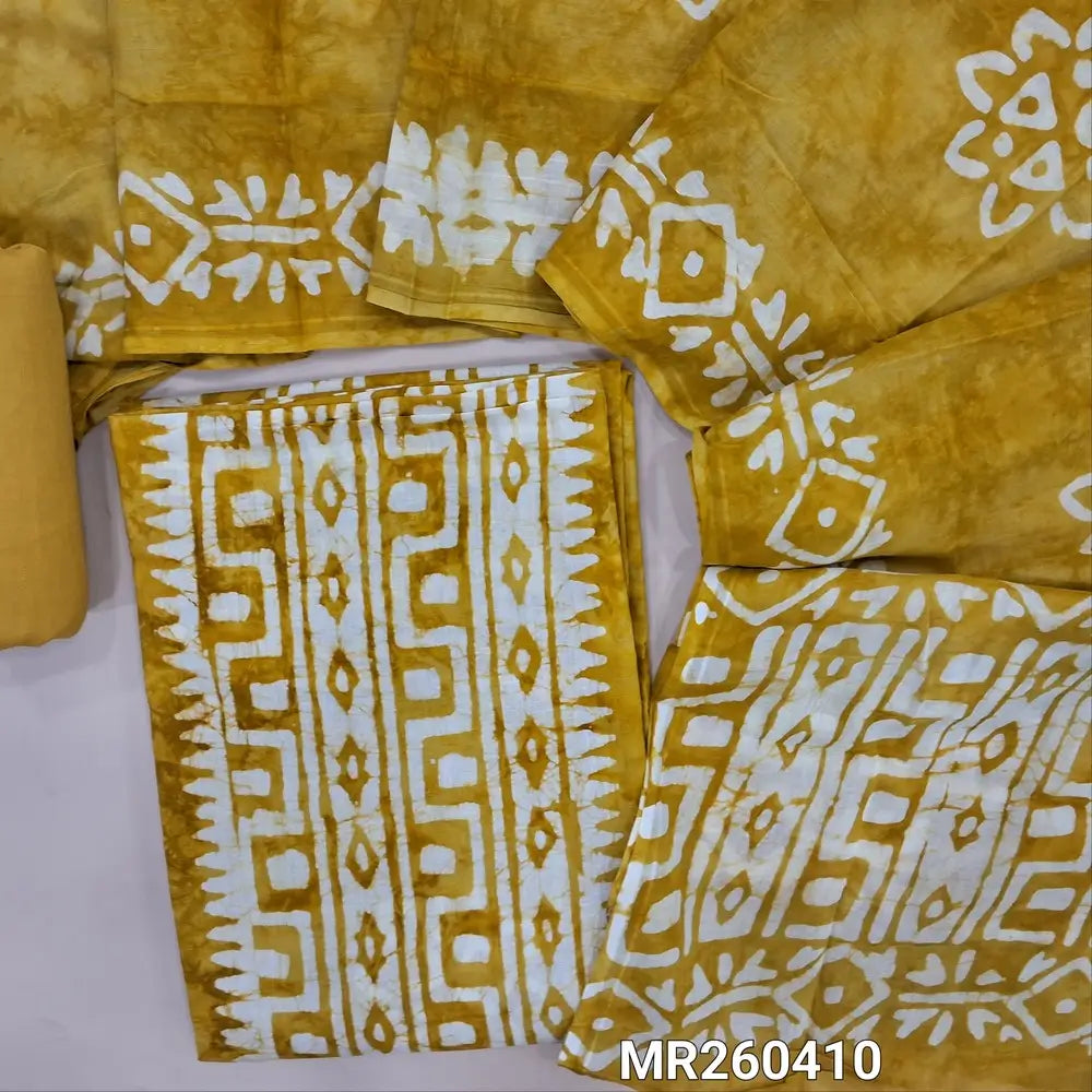 Mehandhi yellow wax batik dyed pure soft cotton unstitched salwar material, panel design(lining needed)matching cotton fabric provided for lining, NO BOTTOM, batik dyed full length mul cotton dupatta. MR260410