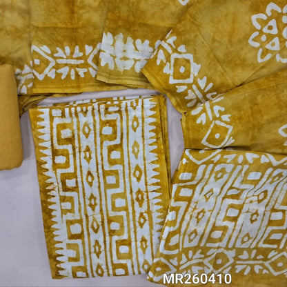Mehandhi yellow wax batik dyed pure soft cotton unstitched salwar material, panel design(lining needed)matching cotton fabric provided for lining, NO BOTTOM, batik dyed full length mul cotton dupatta. MR260410