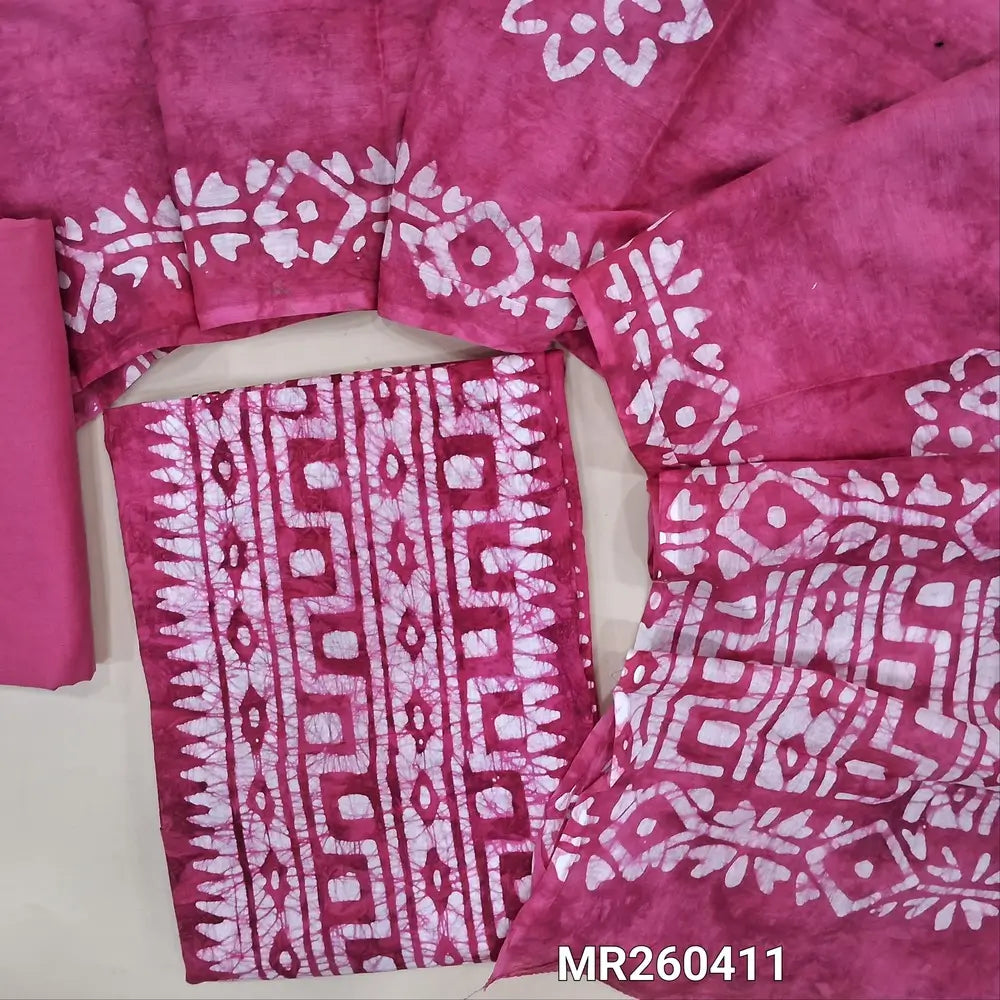Dark pink wax batik dyed pure soft cotton unstitched salwar material, panel design(lining needed)matching cotton fabric provided for lining, NO BOTTOM, batik dyed full length mul cotton dupatta. MR260411