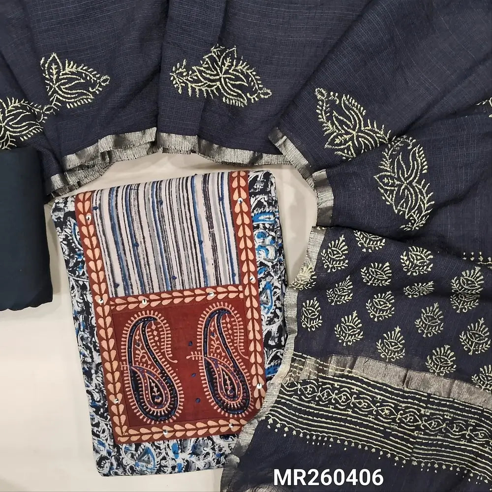 Black kalamkari printed pure cotton unstitched salwar material,ajrak patch with hand embroidery (soft, Lining needed)matching cotton bottom,hand block printed kota silk cotton dupatta with gold tissue borders.  MR260406