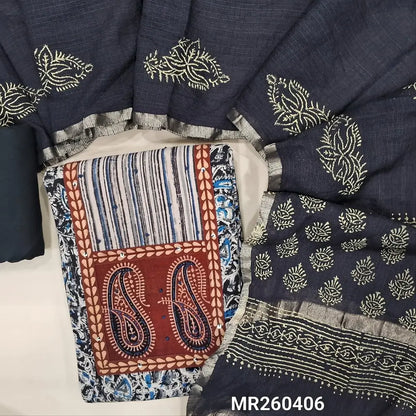 Black kalamkari printed pure cotton unstitched salwar material,ajrak patch with hand embroidery (soft, Lining needed)matching cotton bottom,hand block printed kota silk cotton dupatta with gold tissue borders.  MR260406