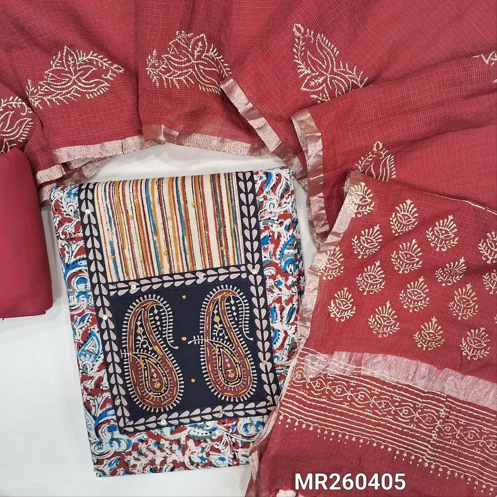 Reddish maroon kalamkari printed pure cotton unstitched salwar material,ajrak patch with hand embroidery (soft, Lining needed)matching cotton bottom,hand block printed kota silk cotton dupatta with gold tissue borders.  MR260405