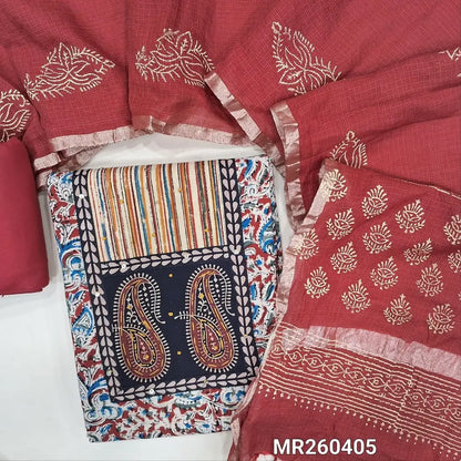 Reddish maroon kalamkari printed pure cotton unstitched salwar material,ajrak patch with hand embroidery (soft, Lining needed)matching cotton bottom,hand block printed kota silk cotton dupatta with gold tissue borders.  MR260405