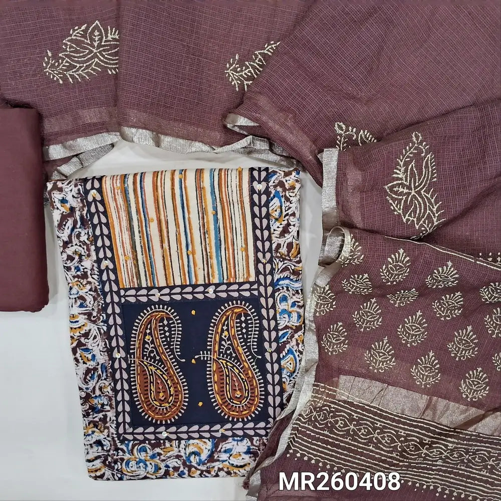 Dark maroon kalamkari printed pure cotton unstitched salwar material,ajrak patch with hand embroidery (soft, Lining needed)matching cotton bottom,hand block printed kota silk cotton dupatta with gold tissue borders.  MR260408