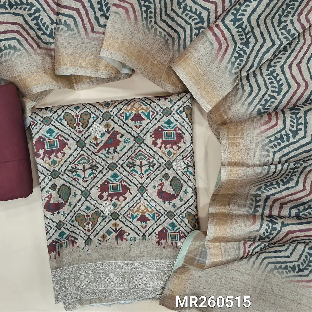 Greyish beige base patola printed semi tussar unstitched salwar material, embroidery on front, embroidered daman (textured, lining needed)maroon cotton bottom, digital printed semi tussar dupatta. MR260515