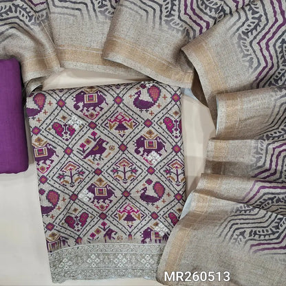 Greyish beige base patola printed semi tussar unstitched salwar material, embroidery on front, embroidered daman (textured, lining needed)dark purple cotton bottom, digital printed semi tussar dupatta. MR260513