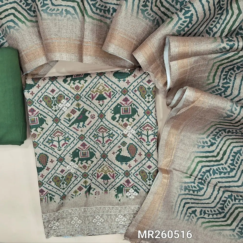 Greyish beige base patola printed semi tussar unstitched salwar material, embroidery on front, embroidered daman (textured, lining needed)green cotton bottom, digital printed semi tussar dupatta. MR260516