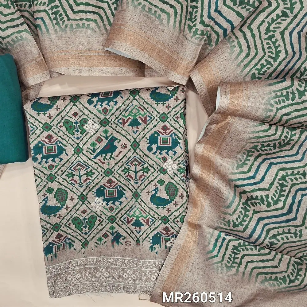Greyish beige base patola printed semi tussar unstitched salwar material, embroidery on front, embroidered daman (textured, lining needed)teal blue cotton bottom, digital printed semi tussar dupatta. MR260514