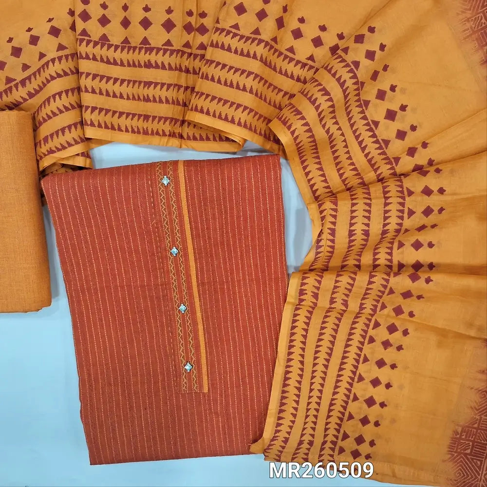 Rust orange premium handloom cotton unstitched salwar material, hand embroidery yoke with fancy buttons, self weaving on front,(lining needed) fenugreek yellow handloom cotton bottom, hand block printed dual shaded pure mul cotton dupatta. MR260509