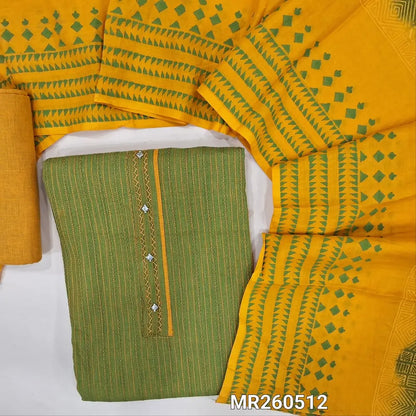 Leafy green premium handloom cotton unstitched salwar material, hand embroidery yoke with fancy buttons, self weaving on front,(lining needed) mehandhi yellow handloom cotton bottom, hand block printed dual shaded pure mul cotton dupatta. MR260512