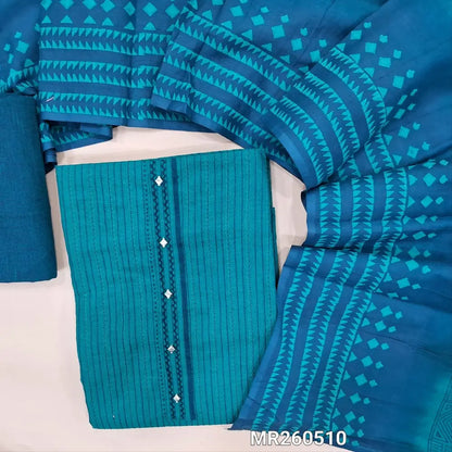 Peacock blue premium handloom cotton unstitched salwar material, hand embroidery yoke with fancy buttons, self weaving on front,(lining needed) teal blue handloom cotton bottom, hand block printed dual shaded pure mul cotton dupatta. MR260510