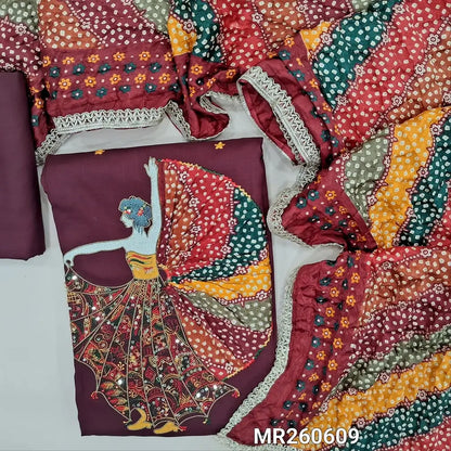 Dark beetroot purple liquid fabric unstitched salwar material,thread ,sequins yoke,dancing girl with rich embroidery ,applique work daman,(Lining optional) liquid fabric bottom, multicolored crinkled fancy silk cotton dupatta with lace tapings. MR260609