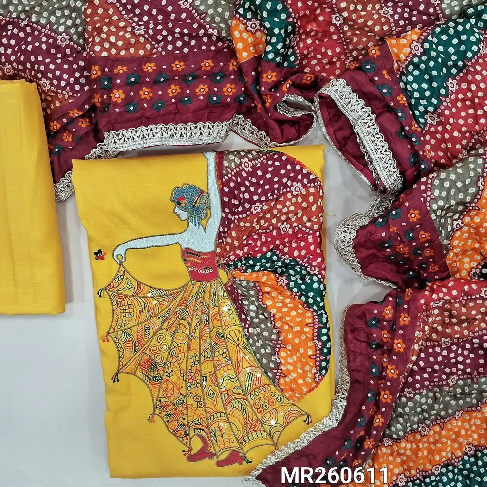 Mehandhi yellow liquid fabric unstitched salwar material,thread ,sequins work yoke,dancing girl with rich embroidery ,applique work daman,(Lining optional) liquid fabric bottom, multicolored crinkled fancy silk cotton dupatta with lace tapings. MR260611