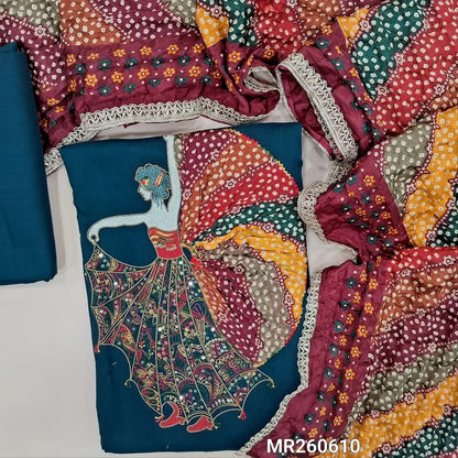 Dark teal blue liquid fabric unstitched salwar material,thread ,sequins work yoke,dancing girl with rich embroidery ,applique work daman,(Lining optional) liquid fabric bottom, multicolored crinkled fancy silk cotton dupatta with lace tapings. MR260610
