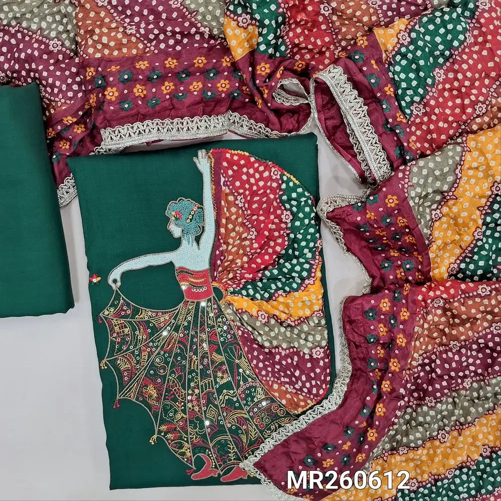 Dark green liquid fabric unstitched salwar material,thread and sequins work yoke,dancing girl with rich embroidery ,applique work daman,(Lining optional) liquid fabric bottom, multicolored crinkled fancy silk cotton dupatta with lace tapings. MR260612