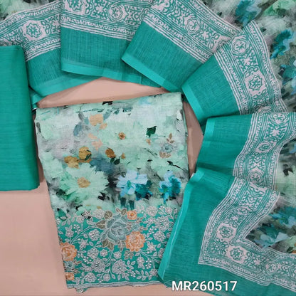 Sea green digital printed  glazed cotton unstitched salwar material,(textured,lining optional) embroidery work on front,rich embroidery daman, light blue cotton bottom, multicolored digital printed  semi linen dupatta. MR260517