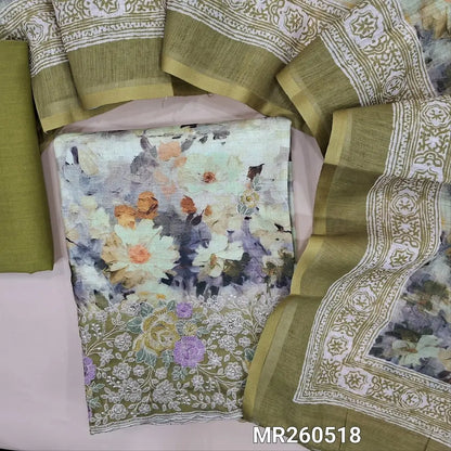 Pastel green digital printed  glazed cotton unstitched salwar material,(textured,lining optional) embroidery work on front,rich embroidery daman, mossy green cotton bottom, multicolored digital printed  semi linen dupatta. MR260518